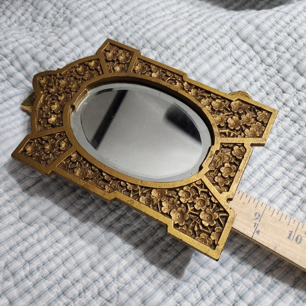 Vintage Gold Cast Metal Floral Tabletop Mirror Ornate Beveled Oval Easel 9432
